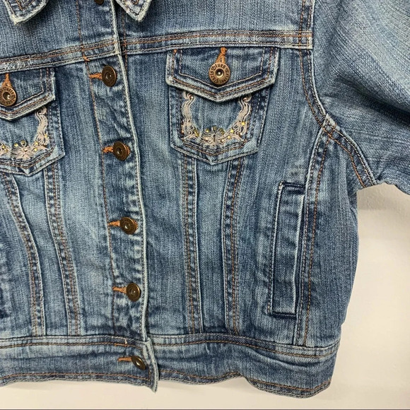 Crop Denim Jacket Woman Medium Y2K Blue Embroidery Beads Boho Western Paris Blue - Picture 2 of 9